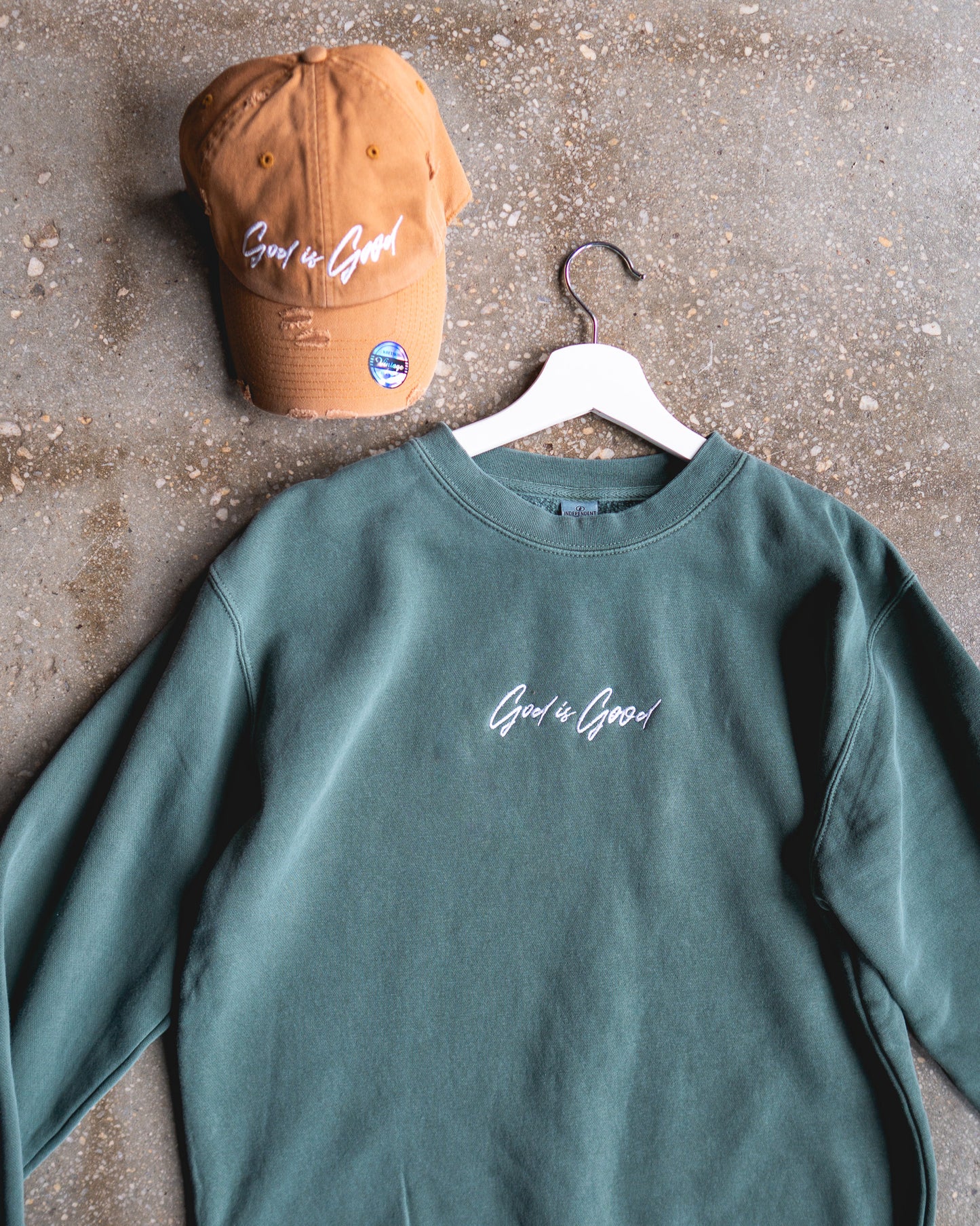 God Is Good Embroidered Sweatshirt & Timberland Distressed Hat Bundle