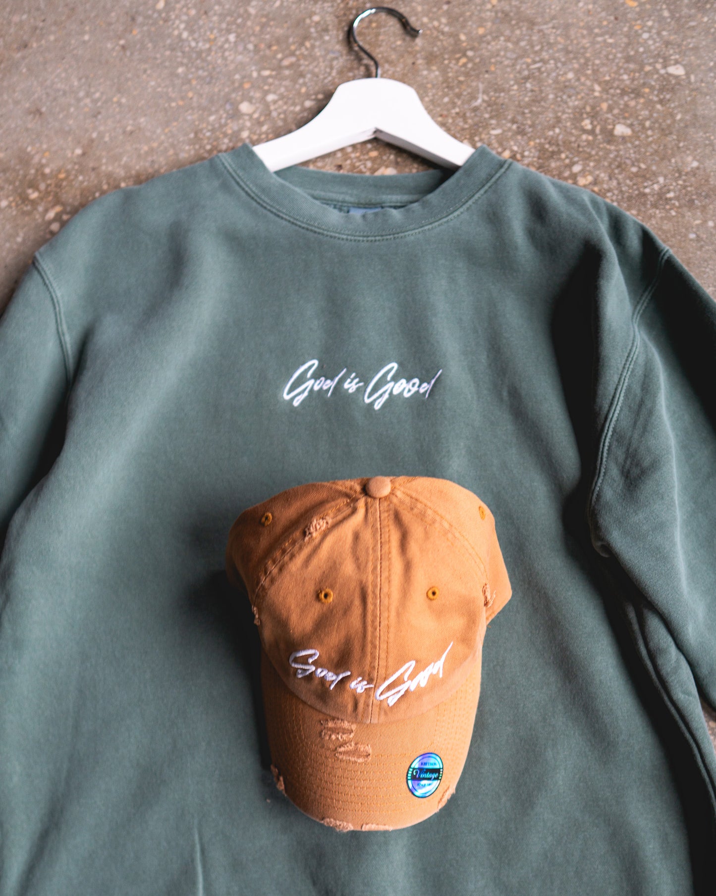 God Is Good Embroidered Sweatshirt & Timberland Distressed Hat Bundle