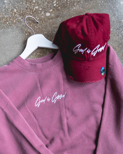 God Is Good Embroidered Sweatshirt & Maroon Distressed Hat Bundle