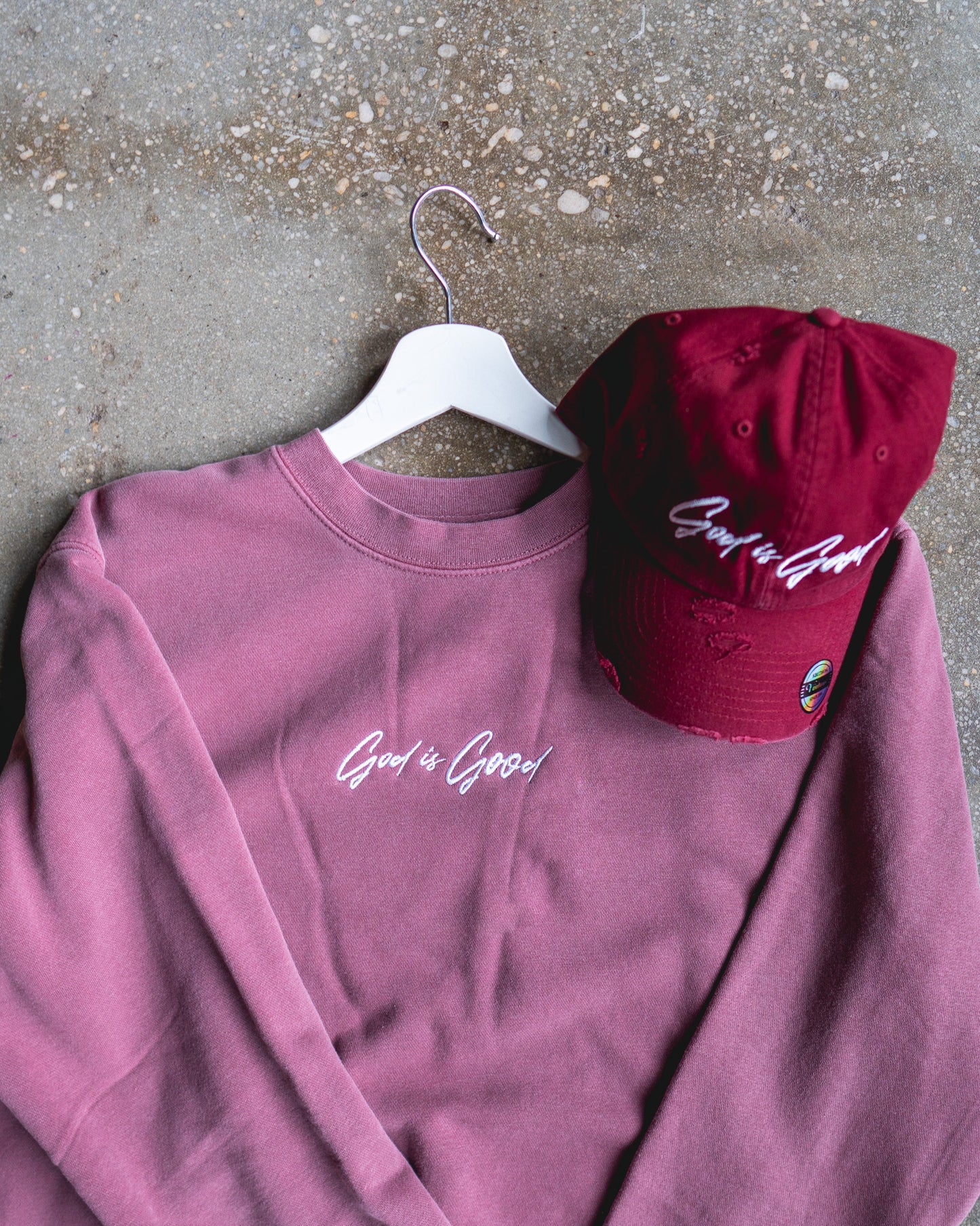 God Is Good Embroidered Sweatshirt & Maroon Distressed Hat Bundle