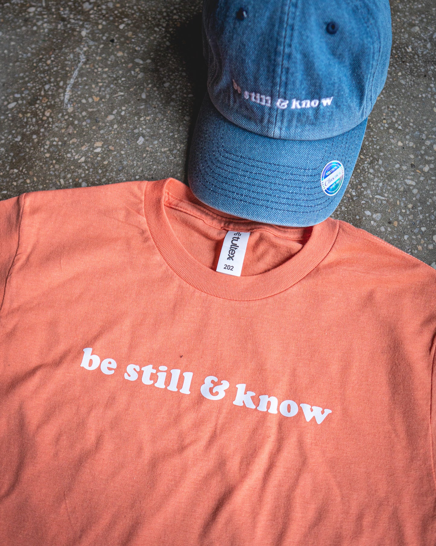 Be Still & Know Adult Box T-Shirt & Medium Blue Non-Distressed Hat Bundle