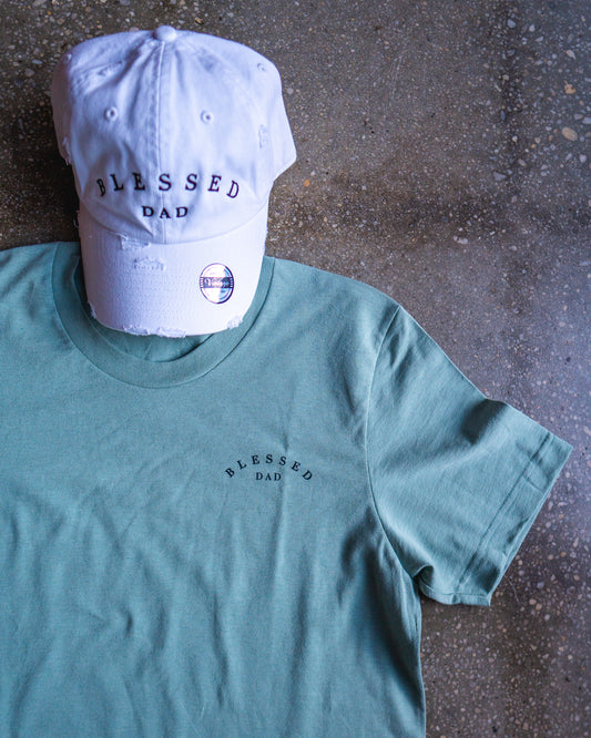 Blessed Dad Pocket Adult Box T-Shirt & White Distressed Hat Bundle