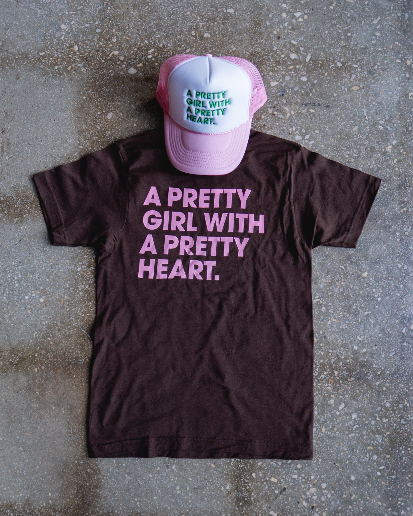 Pretty Girl, Pretty Heart Brown Adult Box T-Shirt & Light Pink/White Trucker Bundle