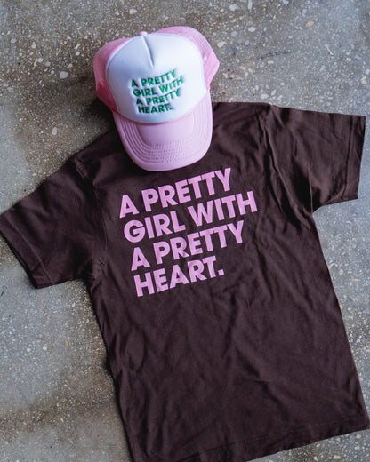 Pretty Girl, Pretty Heart Brown Adult Box T-Shirt & Light Pink/White Trucker Bundle