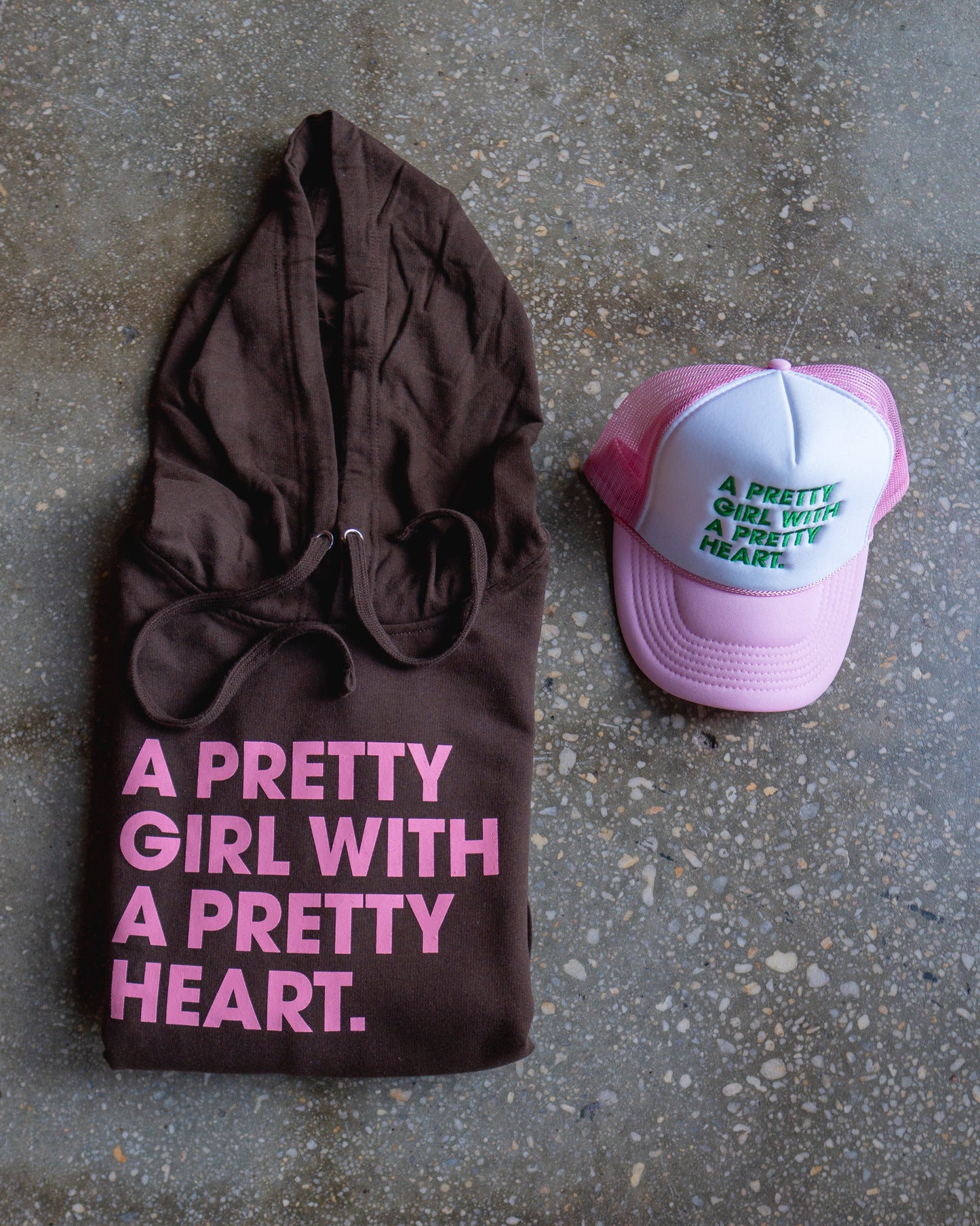 Pretty Girl With A Pretty Heart Brown Hoodie & Light Pink/White Trucker Bundle