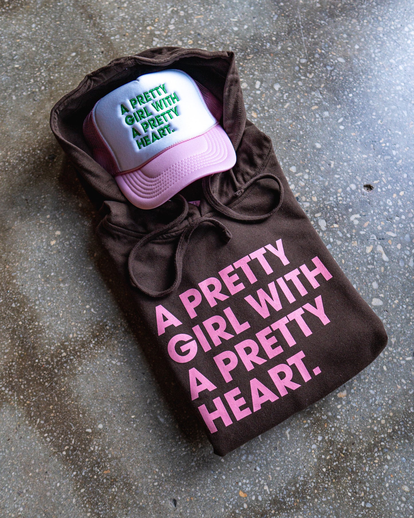 Pretty Girl With A Pretty Heart Brown Hoodie & Light Pink/White Trucker Bundle