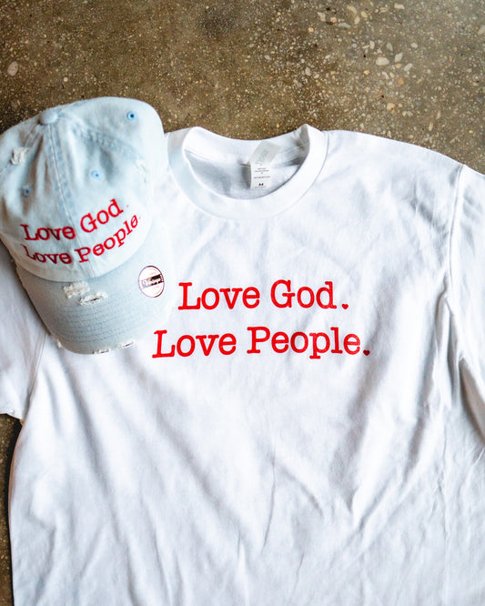 Love God. Love People Adult Box T-Shirt & Light Blue Distressed Hat Bundle