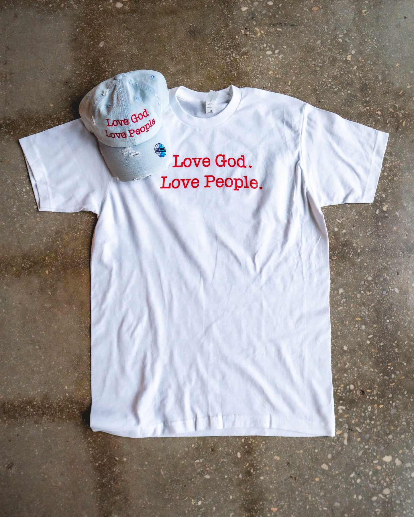 Love God. Love People Adult Box T-Shirt & Light Blue Distressed Hat Bundle