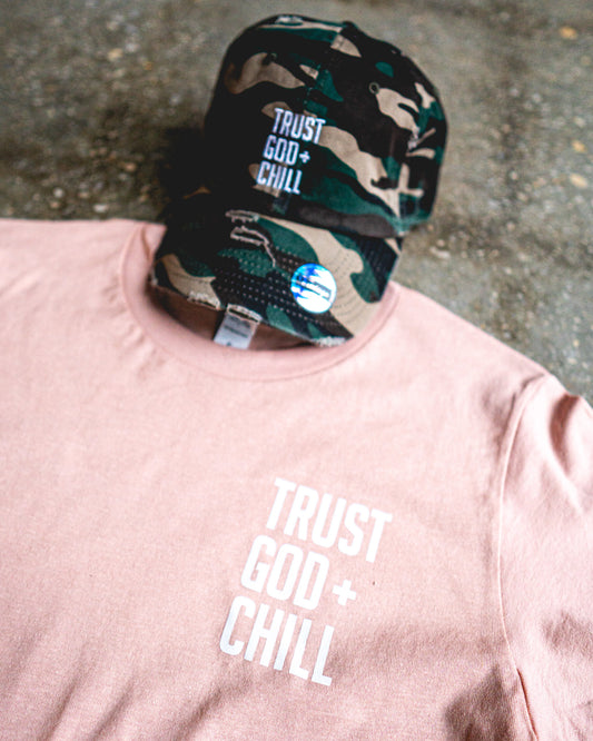 Trust God + Chill Pocket Adult Box T-Shirt & Camo Distressed Hat Bundle