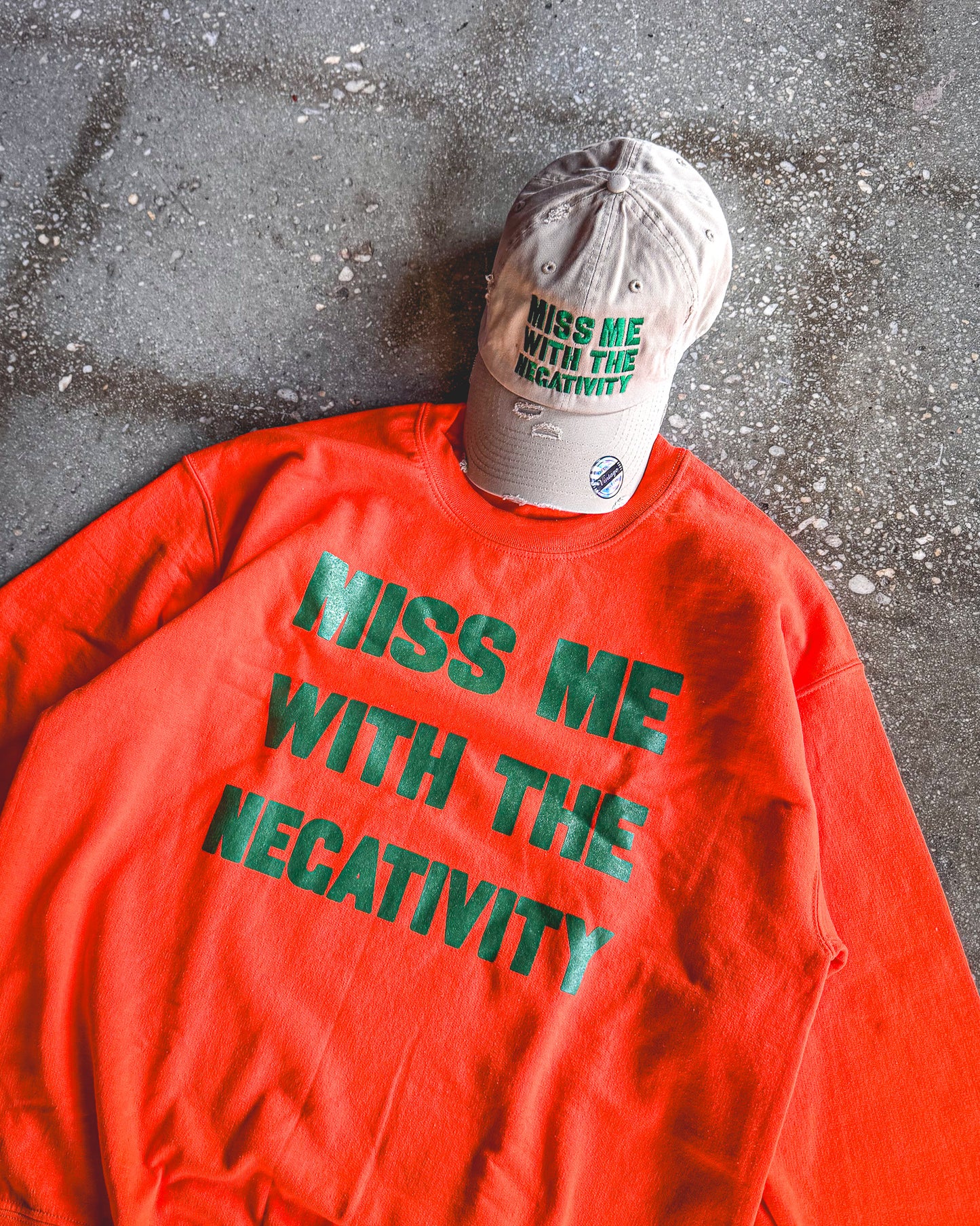 Miss Me With The Negativity Adult Sweatshirt & Khaki Distressed Hat Bundle