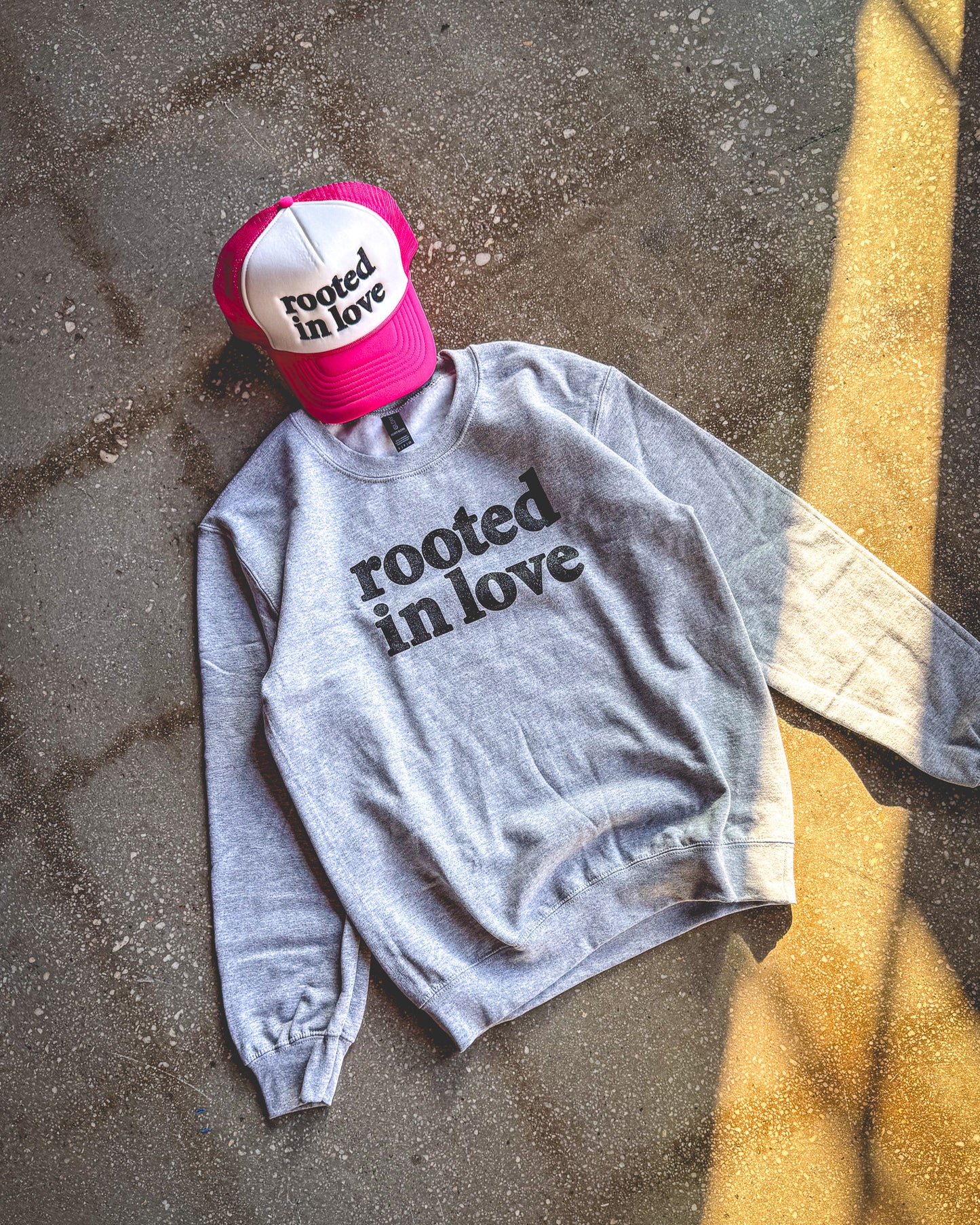 Rooted In Love Adult Sweatshirt & Hot Pink/White Trucker Bundle