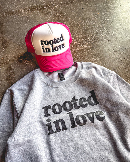 Rooted In Love Adult Sweatshirt & Hot Pink/White Trucker Bundle